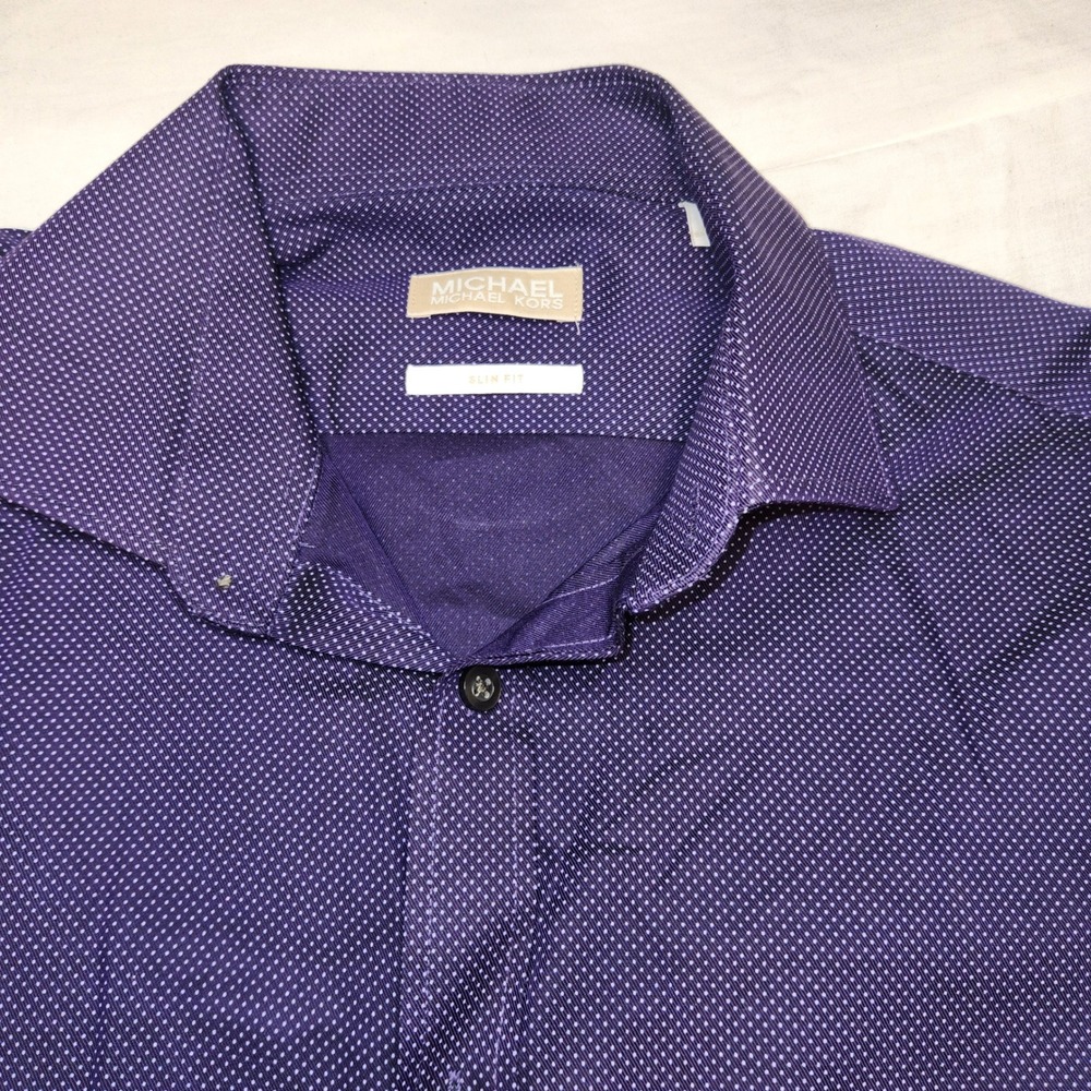 Michael Kors Mens Slim Fit Dress Shirt Purple Micro Dot 16 34/35 L Long Sleeve